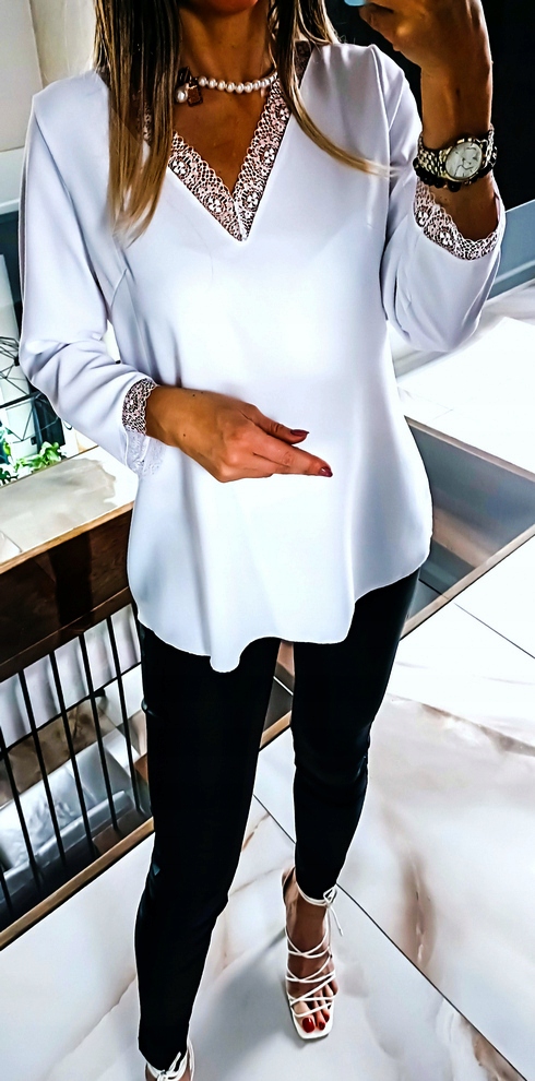 . BIAŁA TUNIKA BLUZKA ELEGANCKA Z KORONKĄ KOSZULA DO PRACY PLUS SIZE 44 Rozmiar XXL