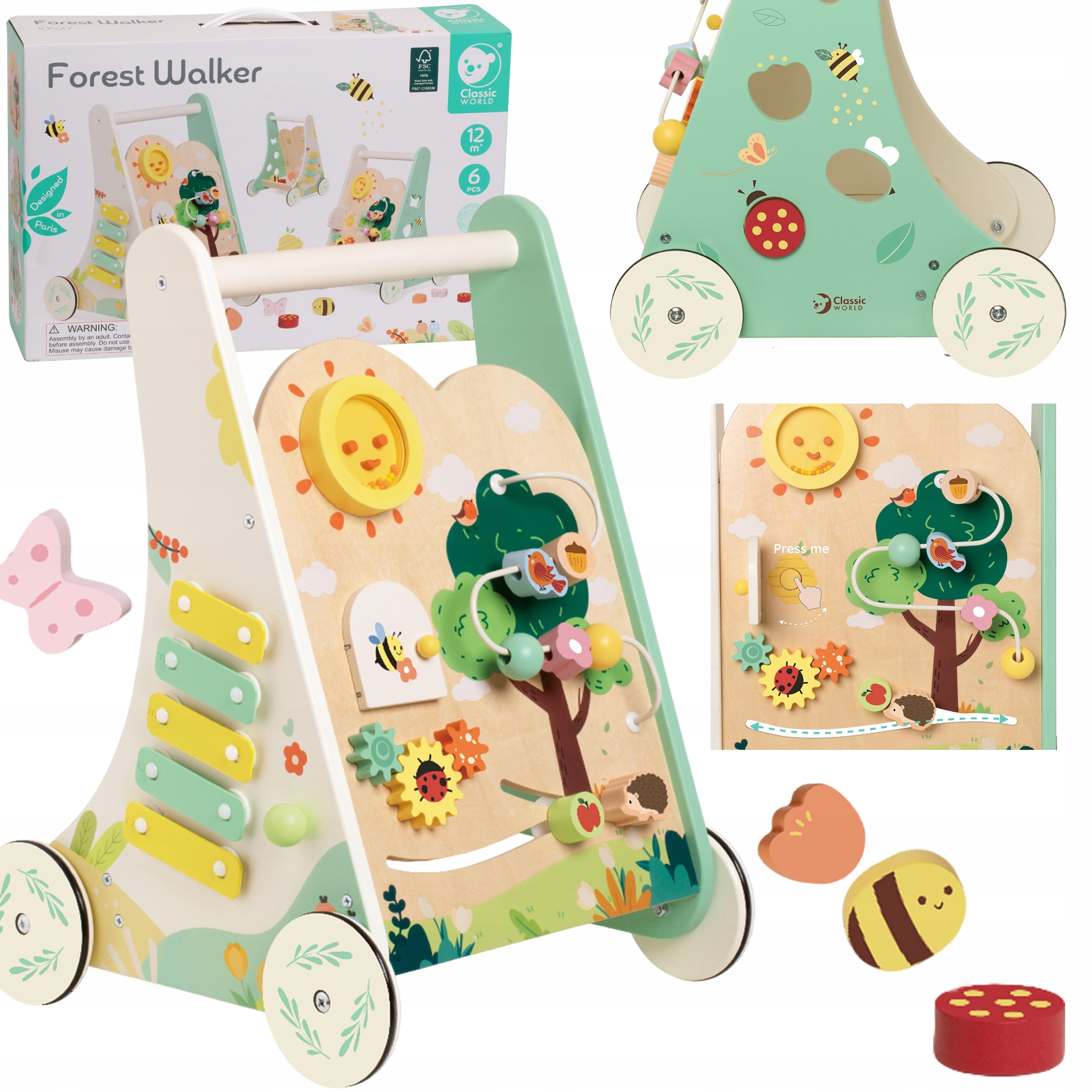 DREWNIANY PCHACZ CHODZIK AKTYWNOŚCI MONTESSORI CIHCE KOŁA CLASSIC WORLD