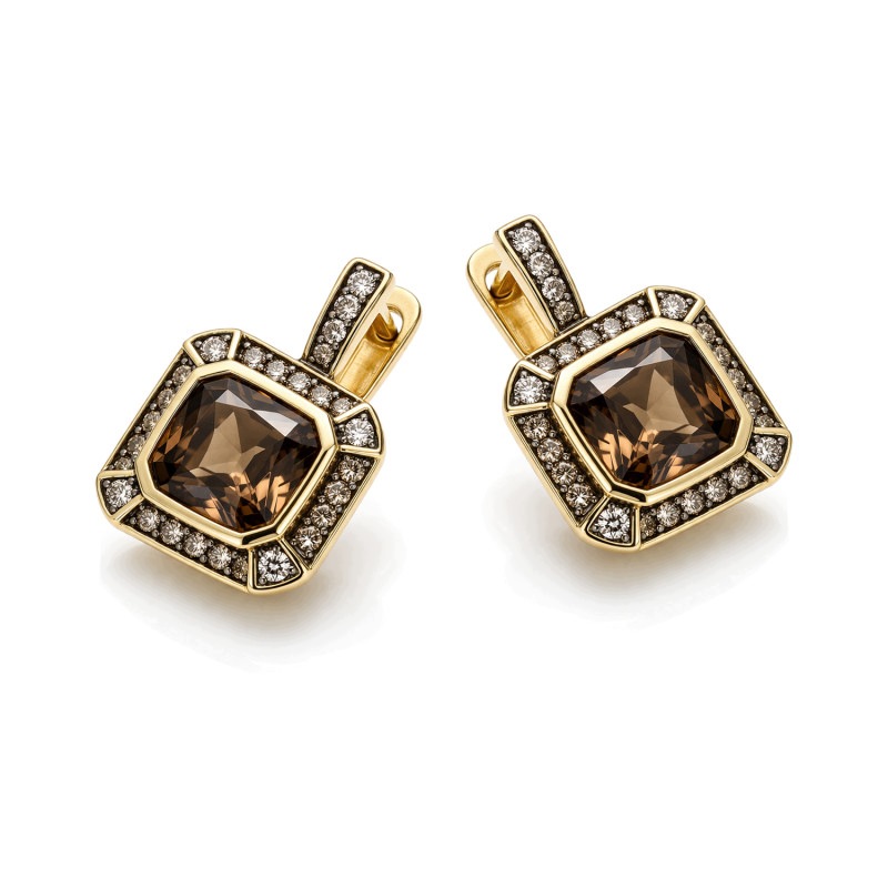 Náušnice zlaté 585 s kouřovým křemenem a diamanty jsou elegantní jako dárek