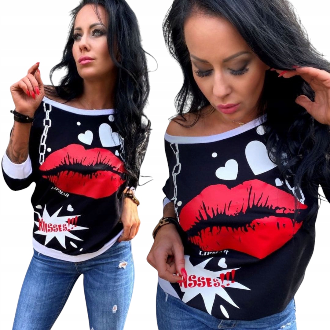 Mikina dámská volná oversize sportovní pro mladé s potiskem červené rty 36 S