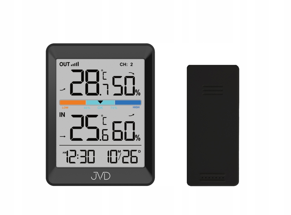Termometr higrometr wewnętrzny zewnętrzny zegar datownik Jvd T3340.1