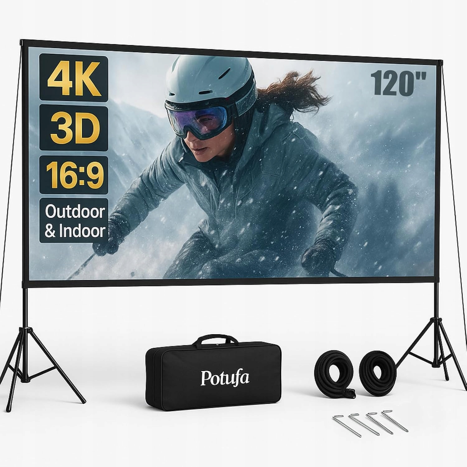 Ekran Projekcyjny 120" 16:9 ze Statywem, Składany, Do Wewnątrz/Zewnątrz