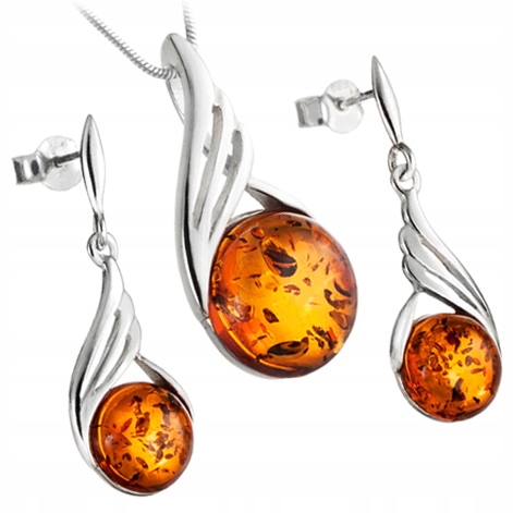 Stříbrný Komplet s originálním Jantarem ze stříbra 925 řetízek zmijka Dárek