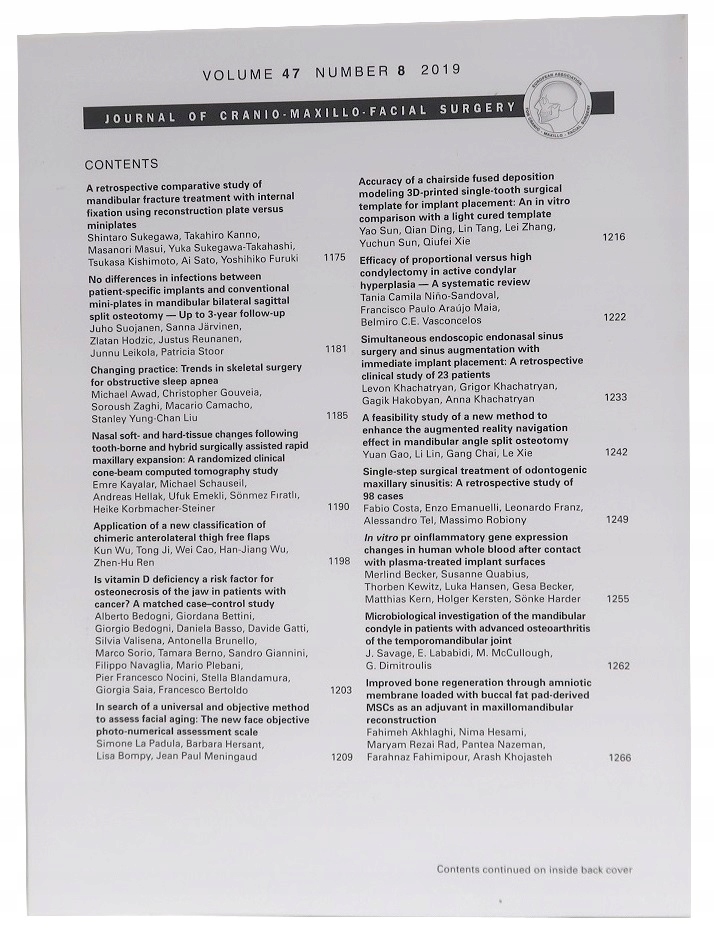 JOURNAL OF CRANIO MAXILLO FACIAL SURGERY NR 8/2019 VOLUME 47 Wydawnictwo Elsevier