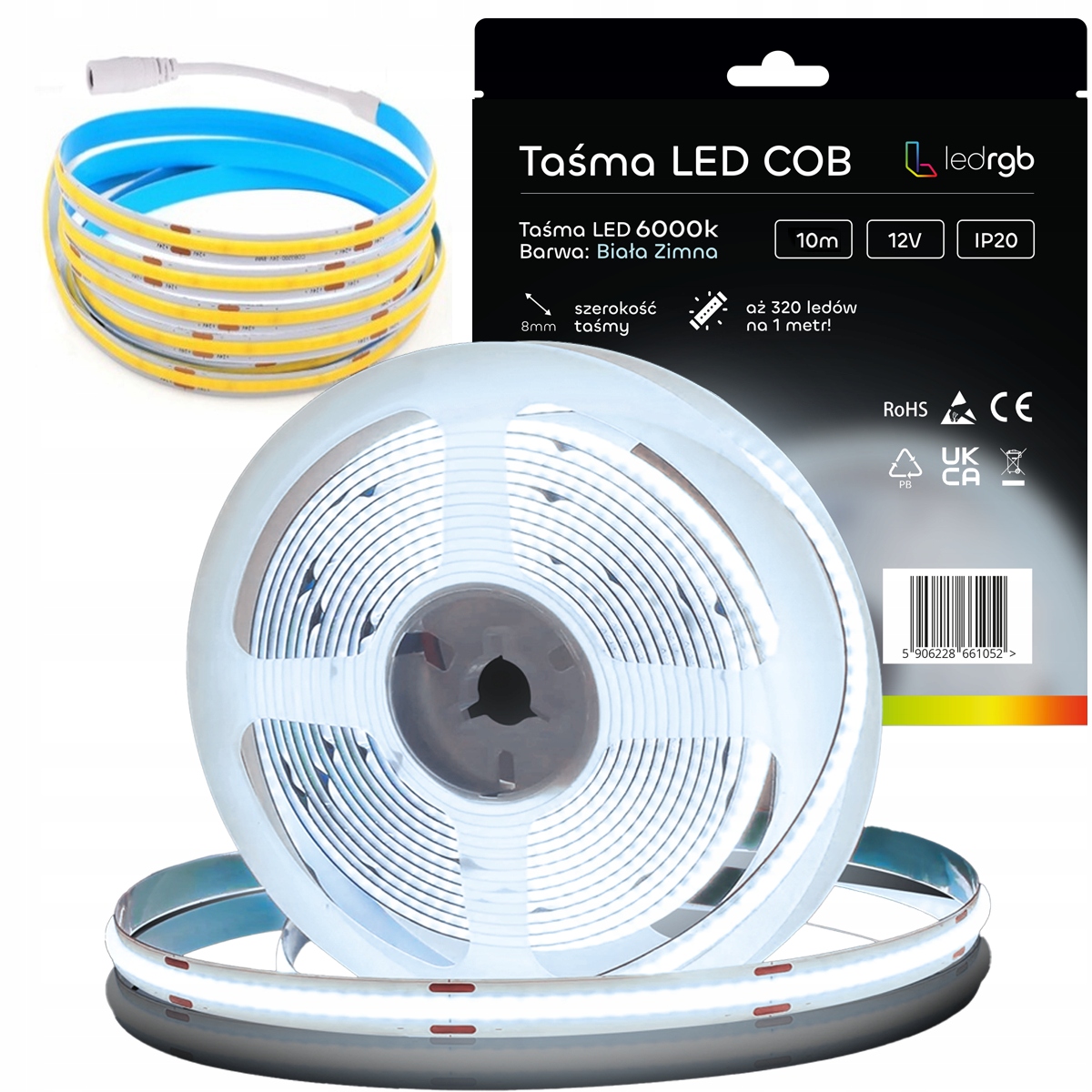 Taśma Led Neon Cob 12V 10m 320 diod 6000K Biała Zimna Homogeniczna 8MM