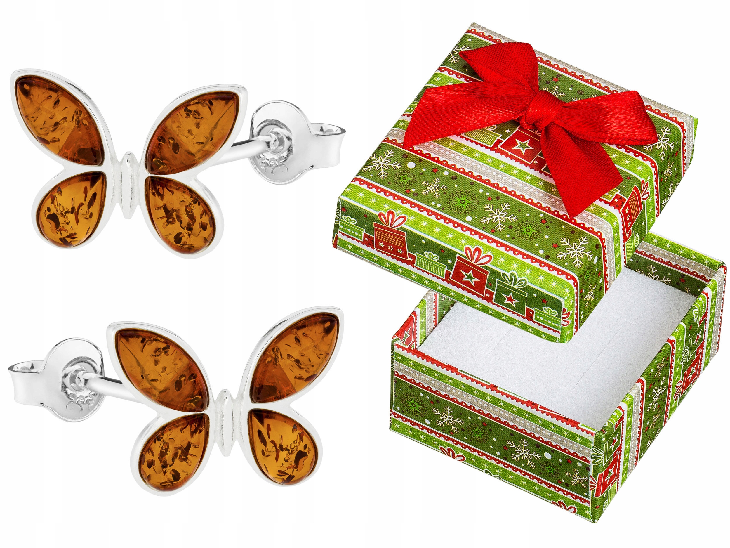 Stříbrné Náušnice Motýlci s jantarem Velcí motýli Šroubky Stříbro 925 Tužka