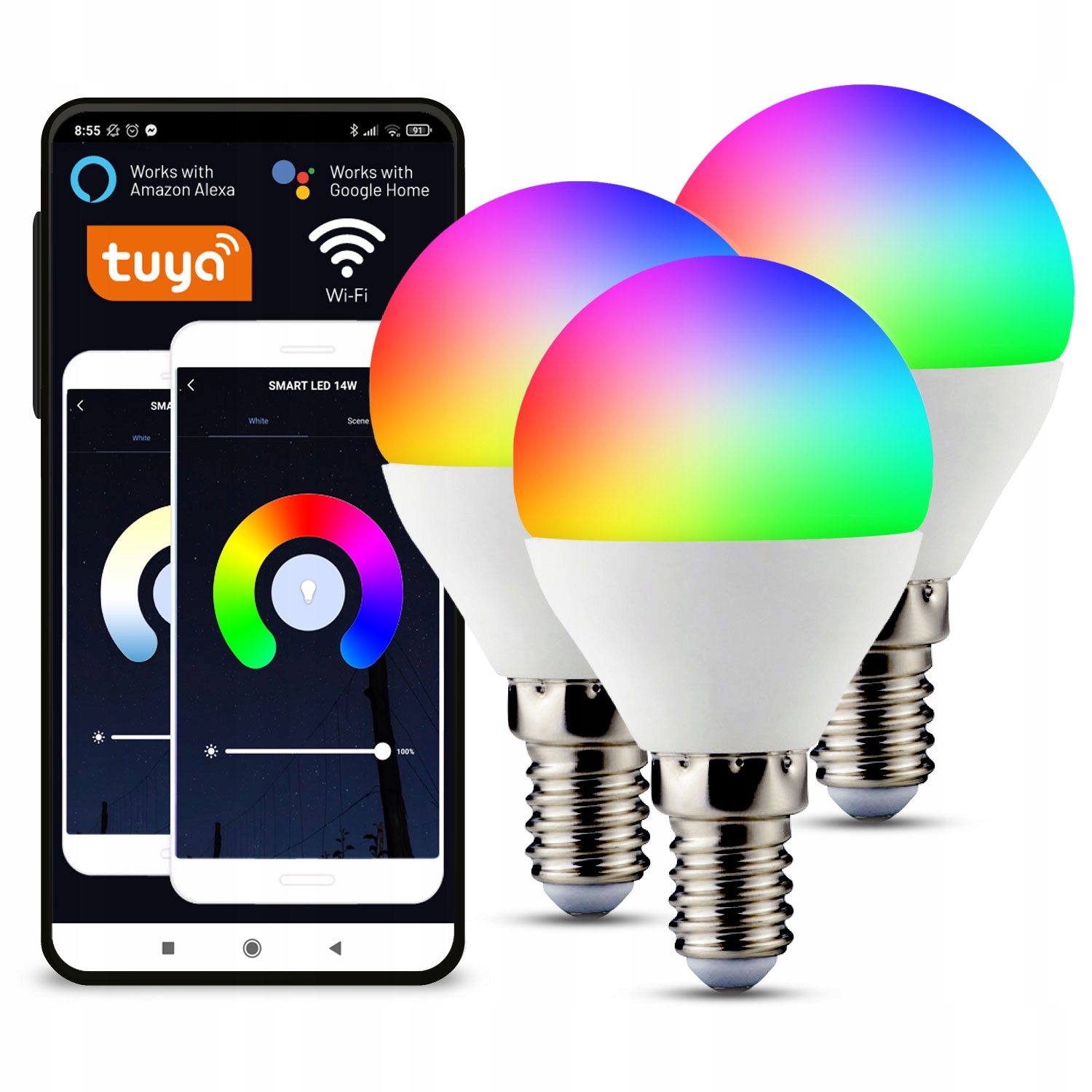 3x Żarówka Wielokolorowa LED RGB+W E14 WiFi TUYA