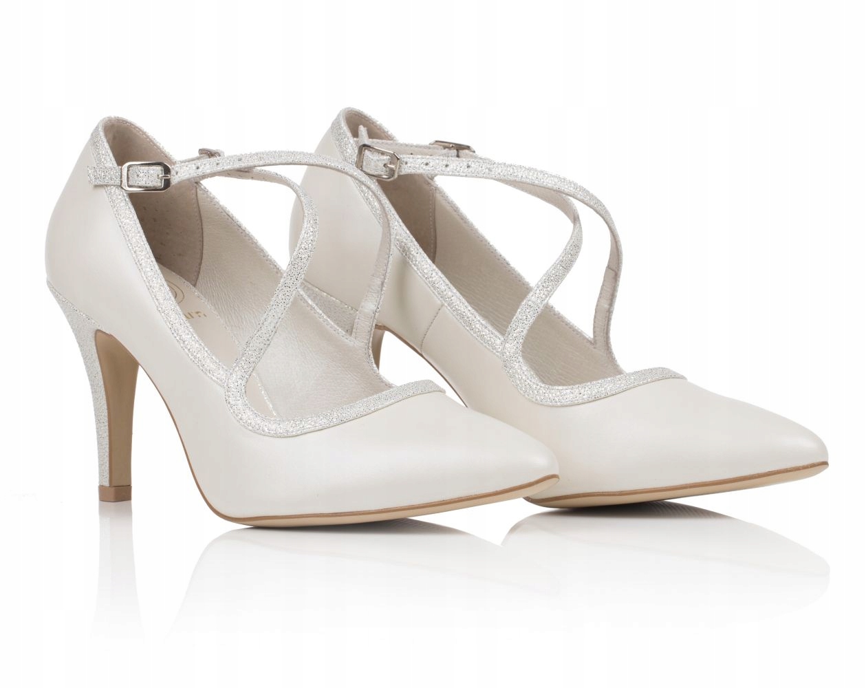 Ekru Perleťové Kožené Lodičky S Špičákem, Třpytící Se Pásky Butdam 35