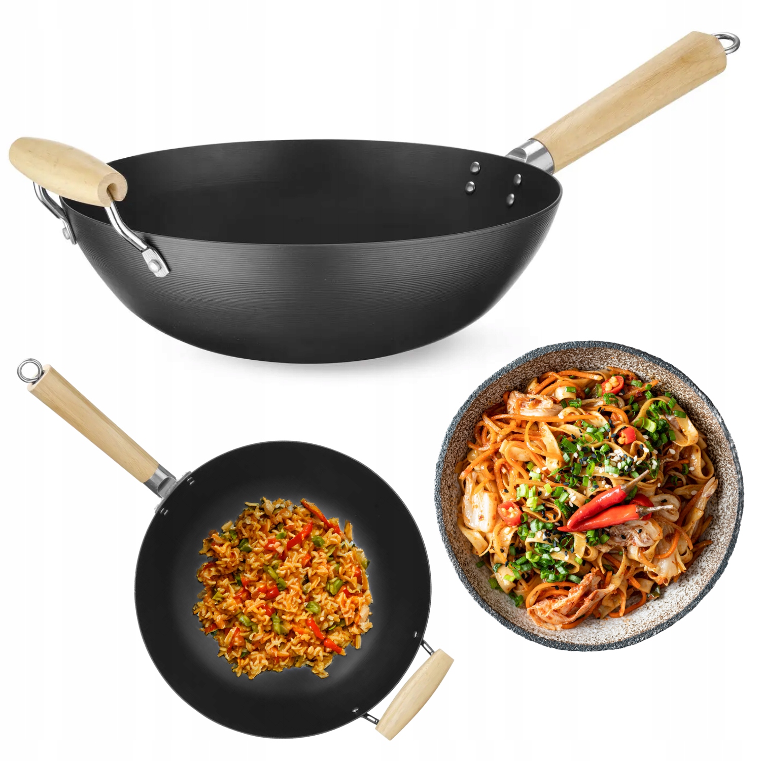 Wok na indukcję ze stali węglowej z drewnianym uchwytem 32cm Hendi Carbon