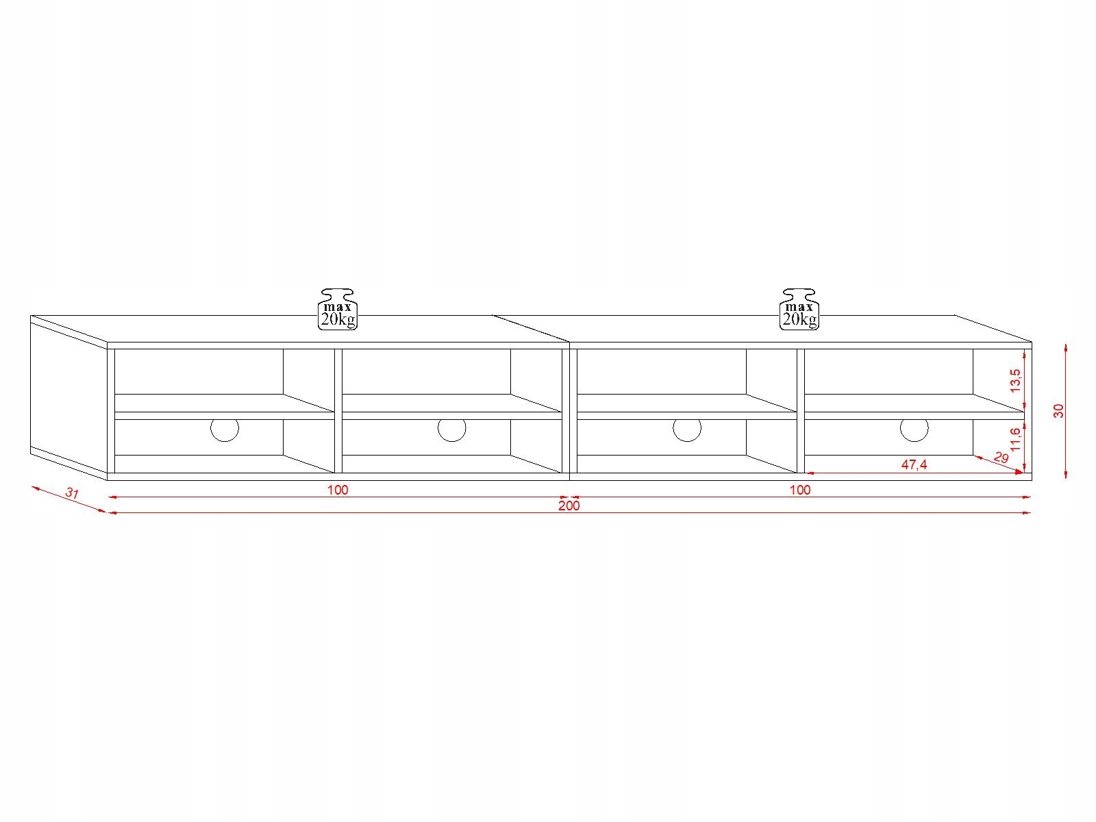 Wisząca szafka RTV Derby double 200cm biała połysk Szerokość mebla 200 cm