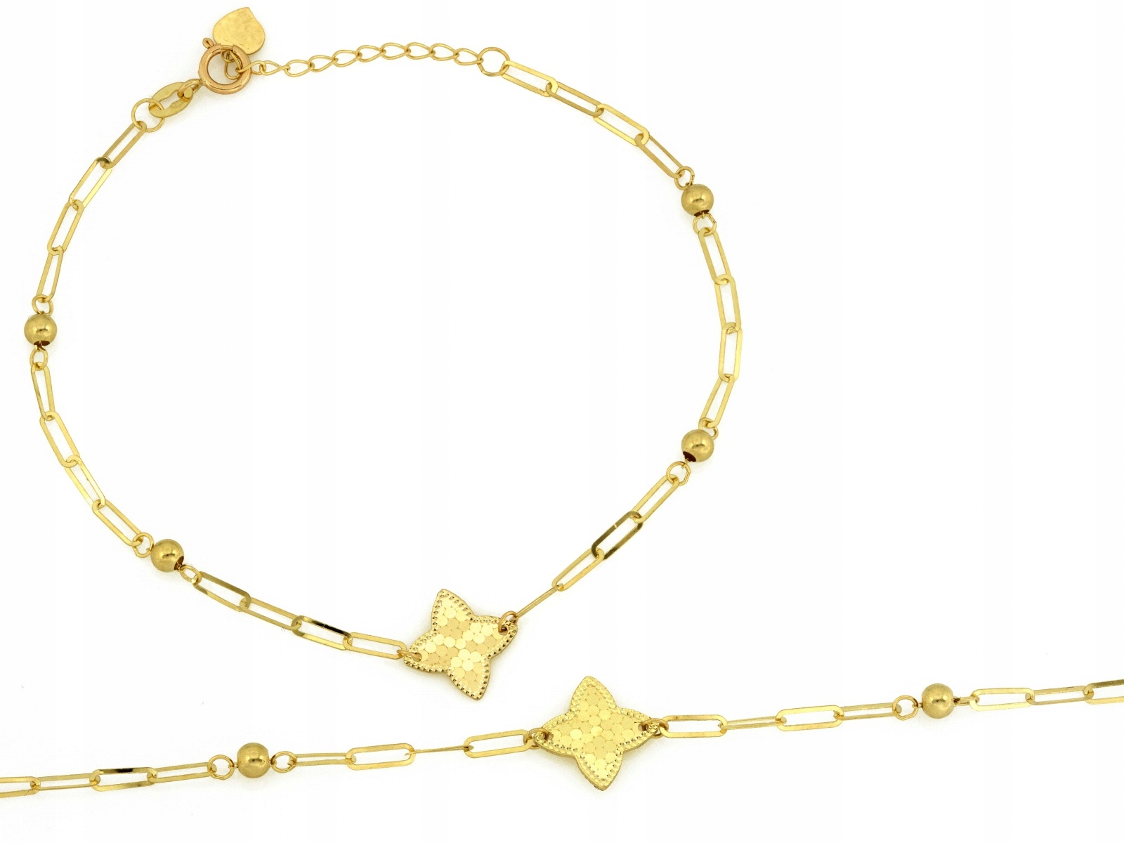 Jemný zlatý náramek 585 čtyřlístek s Kuličkami r19, velké články 1.08 g