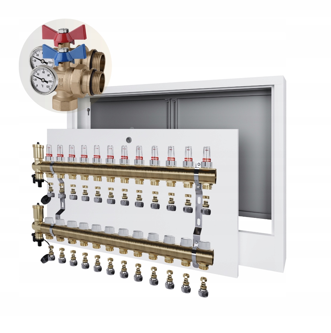 Rozdělovač podlahového vytápění 12 nástěnná skříňka+PEX+KULOVÝ Ventil Úhel