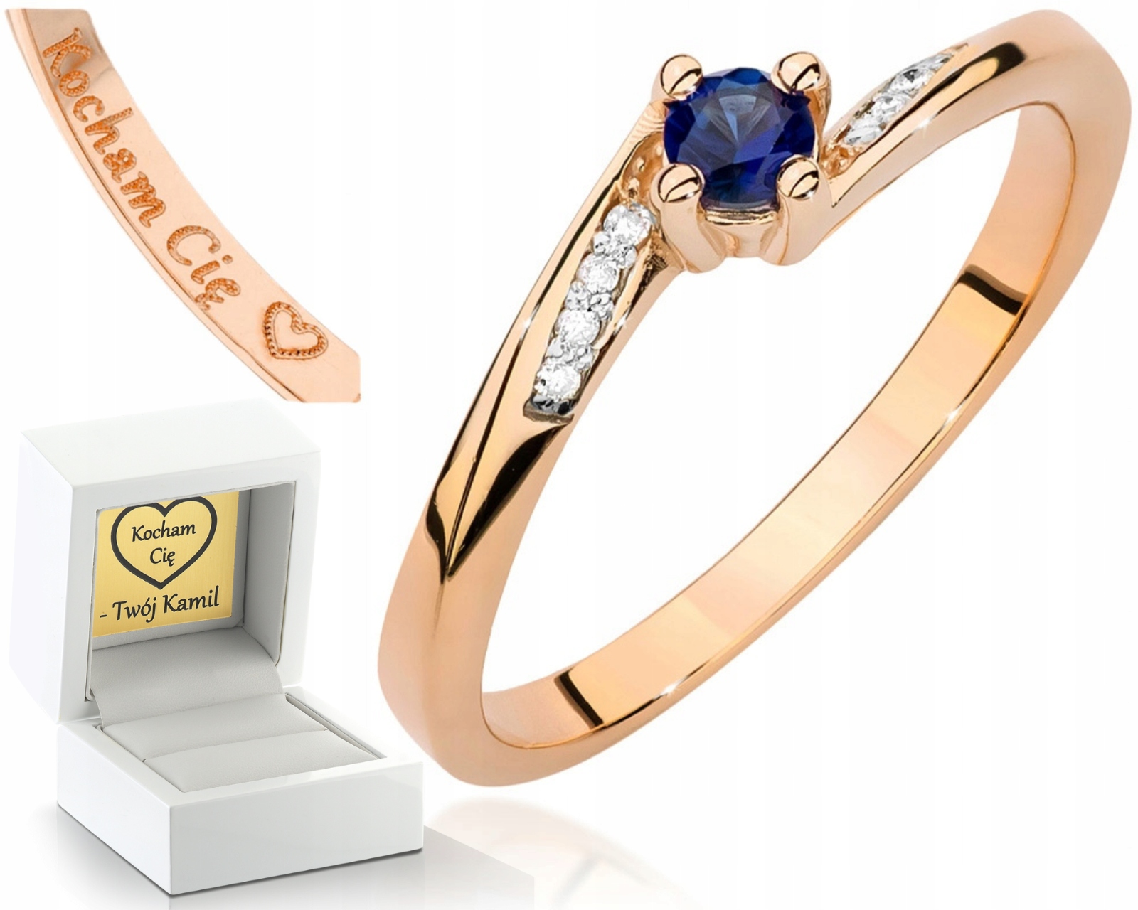 Prstýnek Z Růžového Zlata Safír Briliant Gravírování