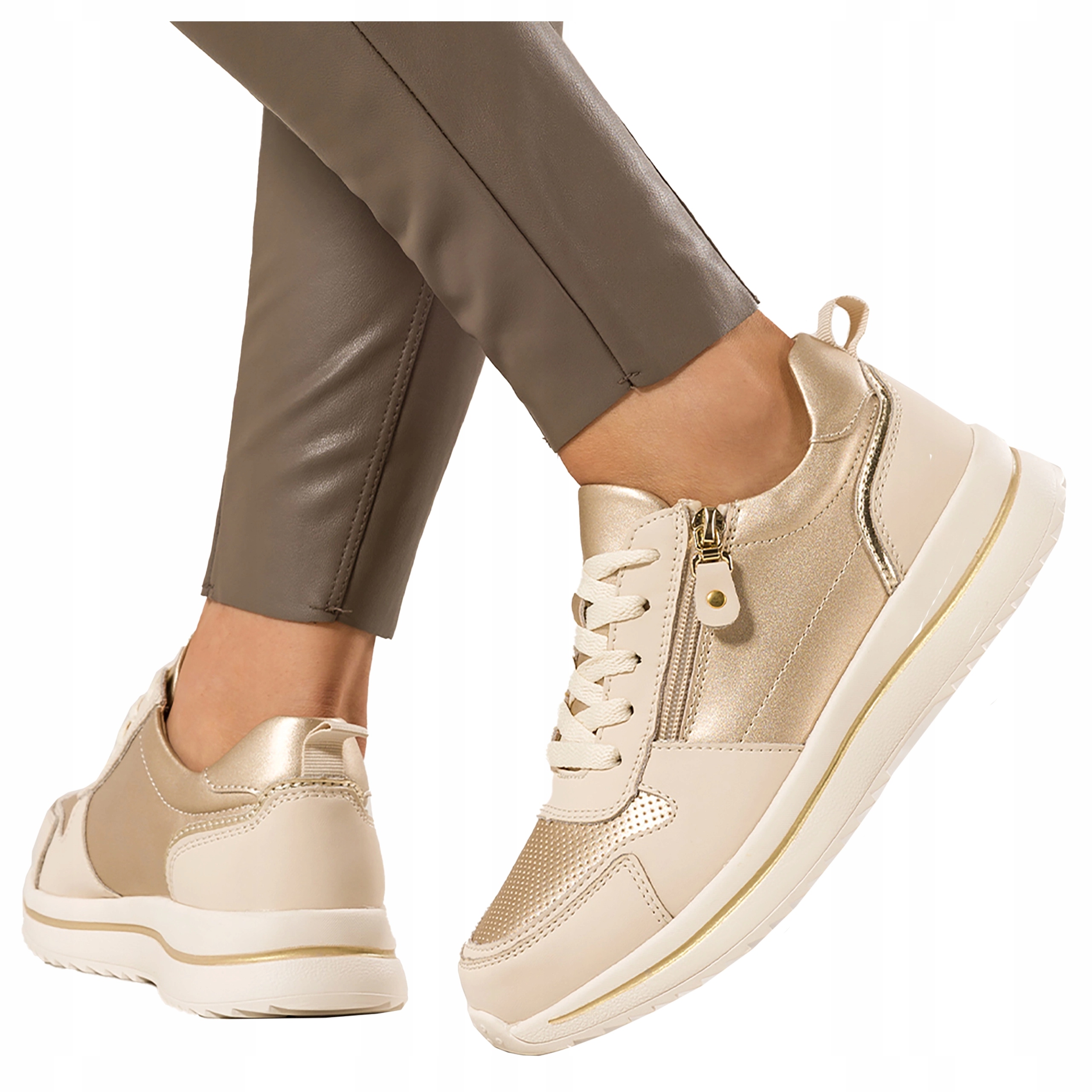 Dámské béžové kožené tenisky na platformě, šněrovací, Ažurové, velikost 36