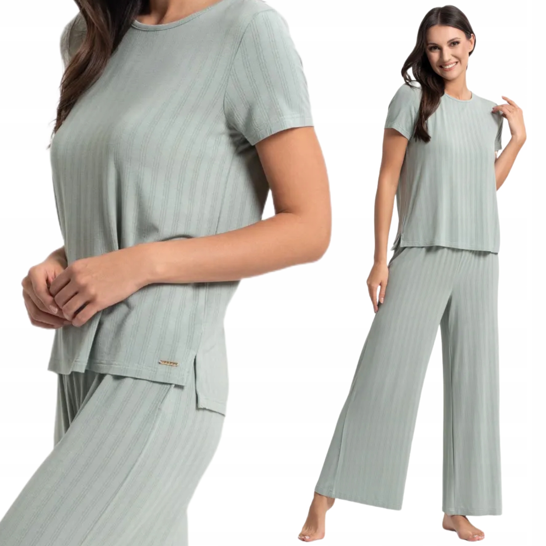 Piżama Damska Dwuczęściowa Miękka W Dotyku Komplet Krótki Rękaw Zielona XL