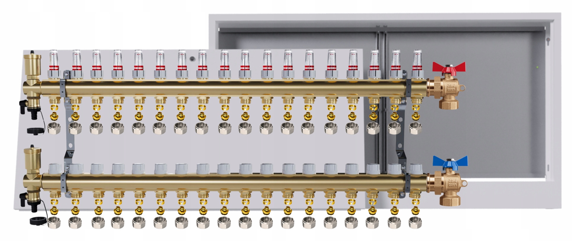 Rozdělovač mosazný podlahový 18 okruhů nástěnná skříňka kulový Pex