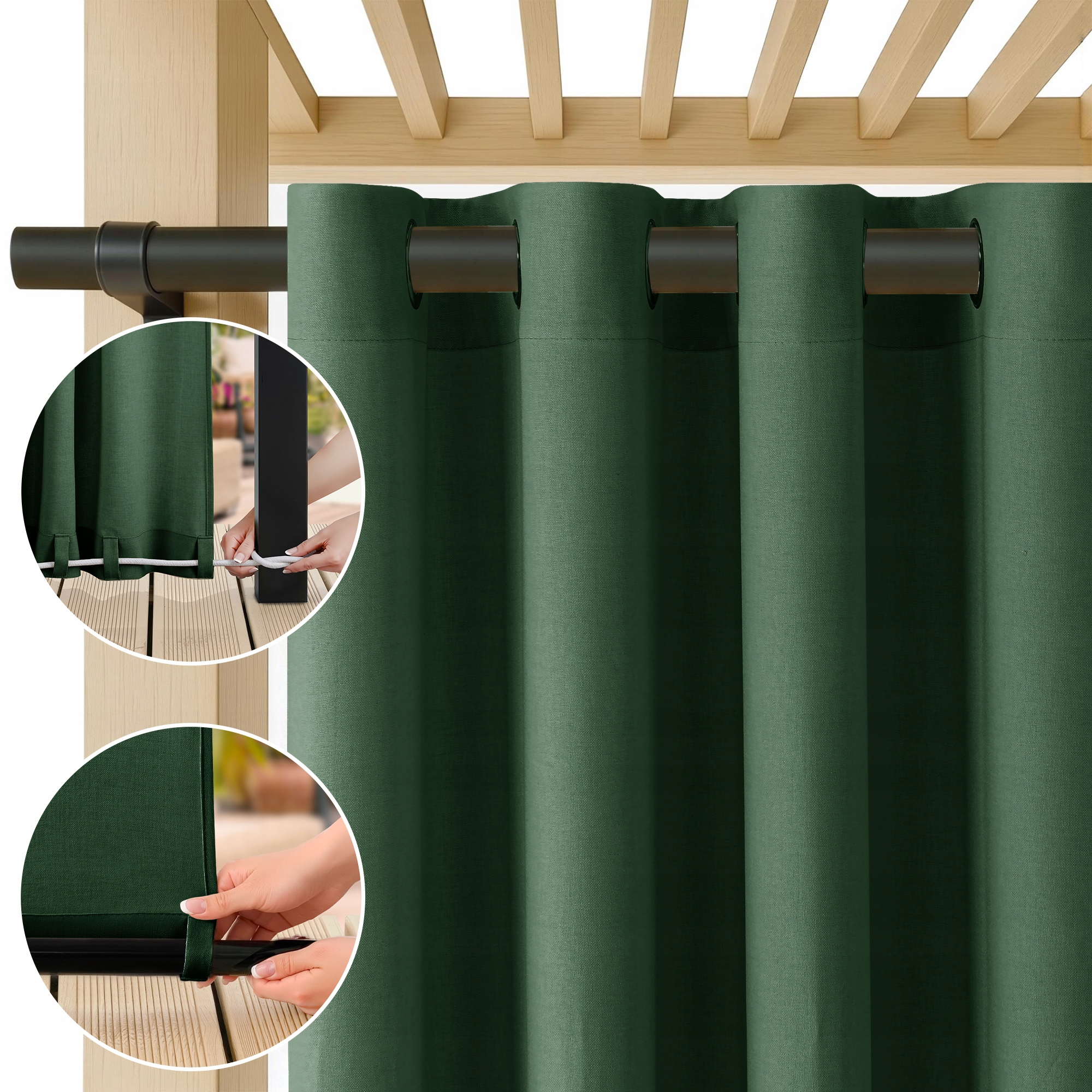 Filumi Zahradní závěs se strukturou lnu a průchodkami, voděodolný, zelený, 300x220