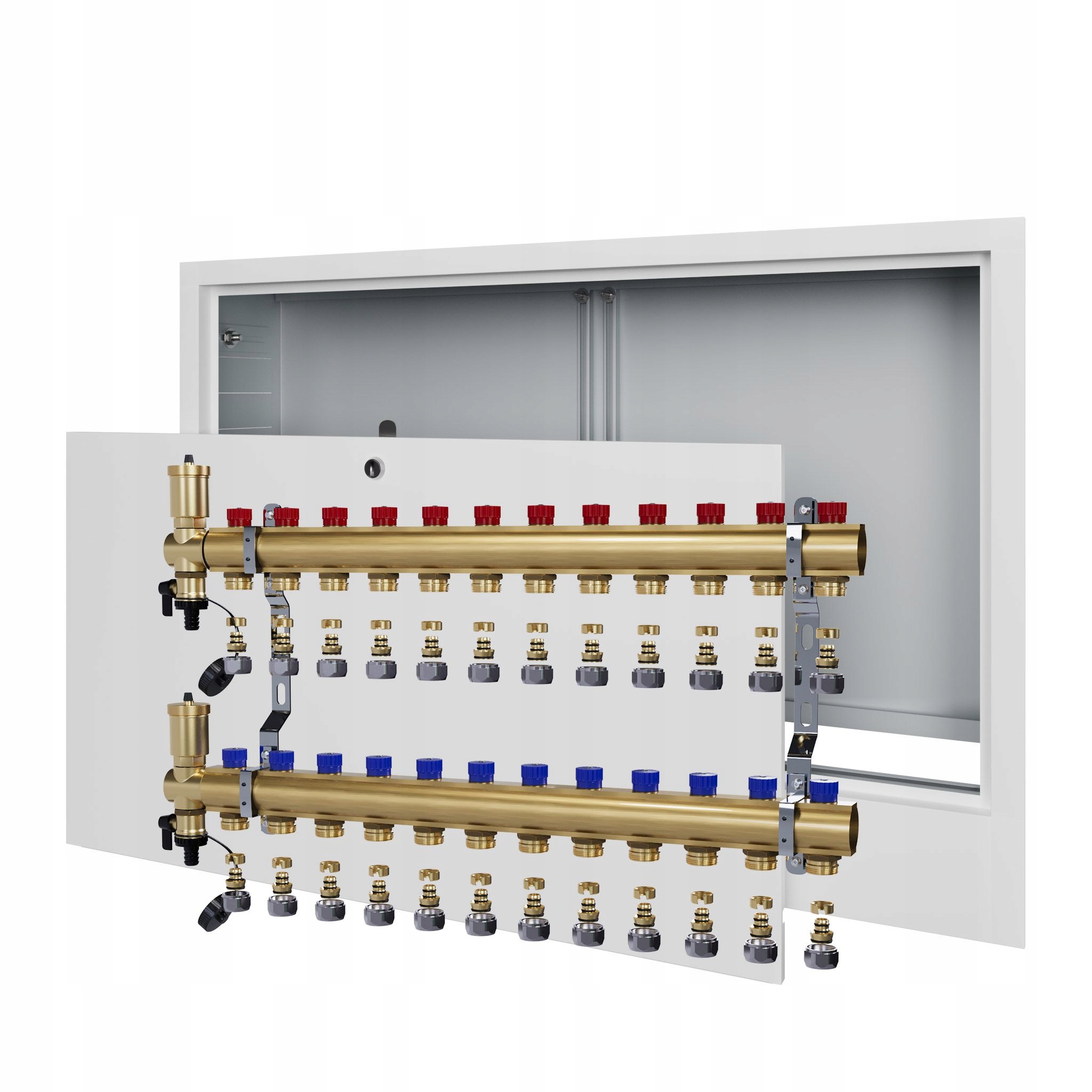 Manuální rozdělovač pro 12 radiátorových topení podomítková skříňka+Pex