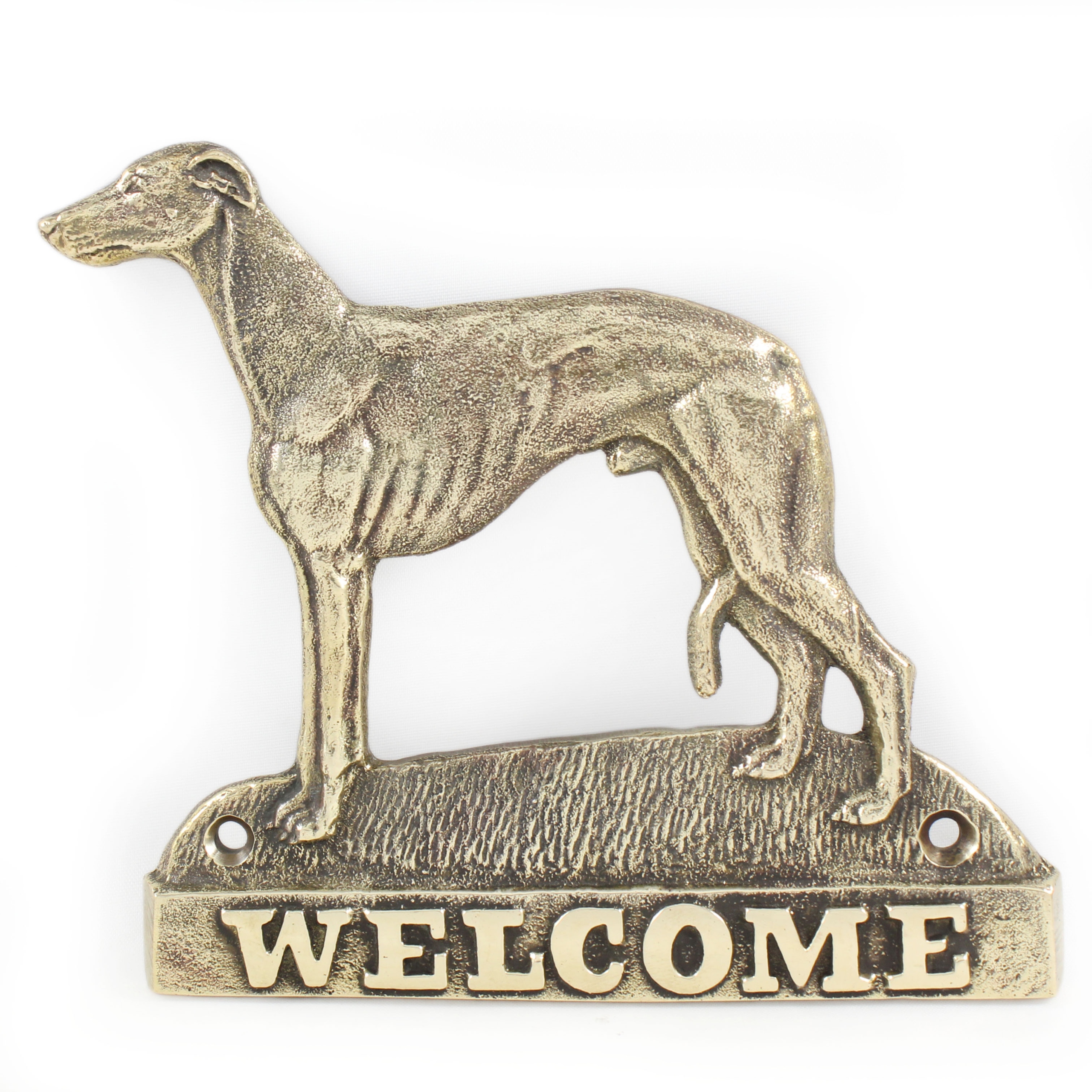 Whippet mosadzná tabuľa na dvere so psom, štítok Welcome