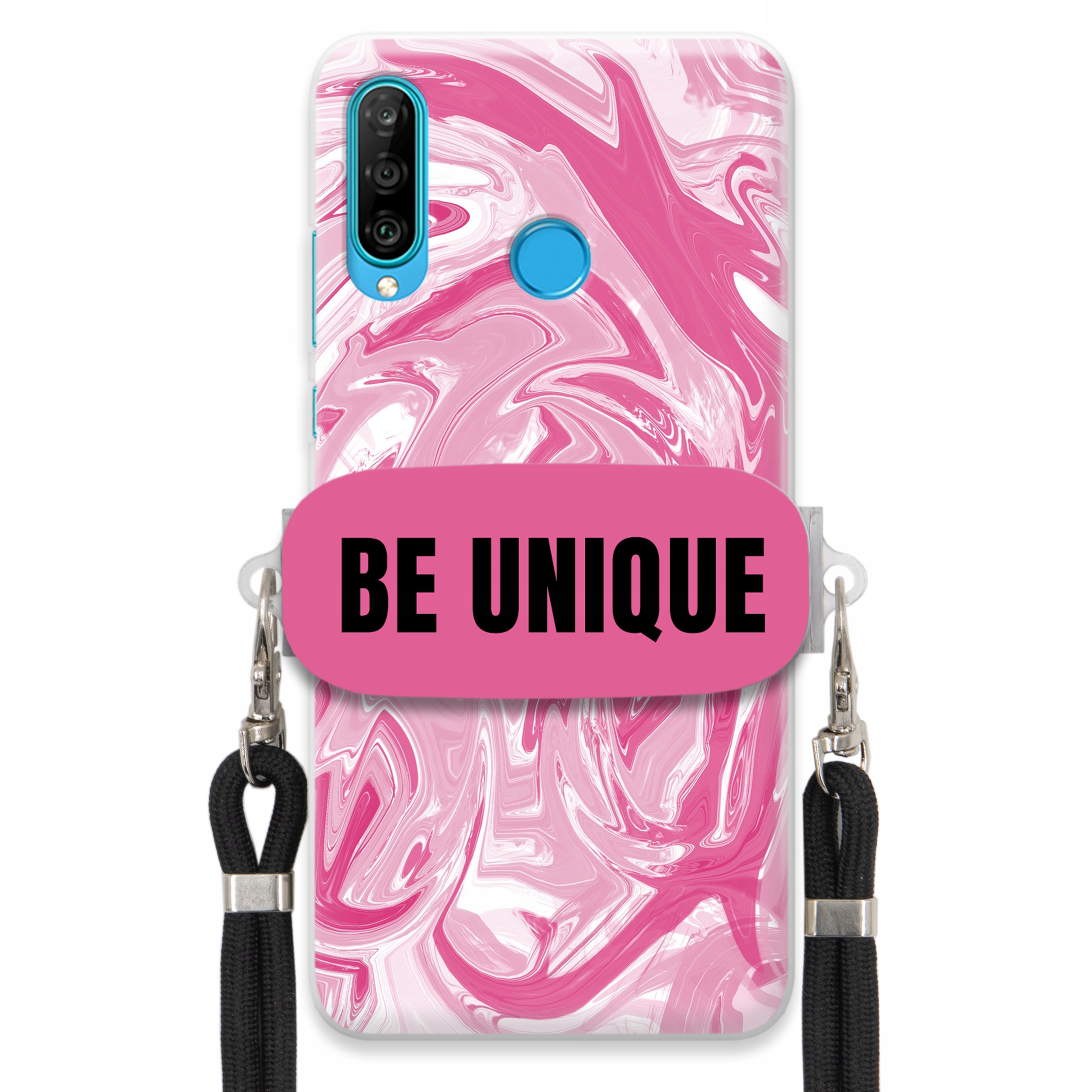 Puzdro pre Huawei P30 Lite Case držiak na šnúrku Čierna Ružová Mramor Unique