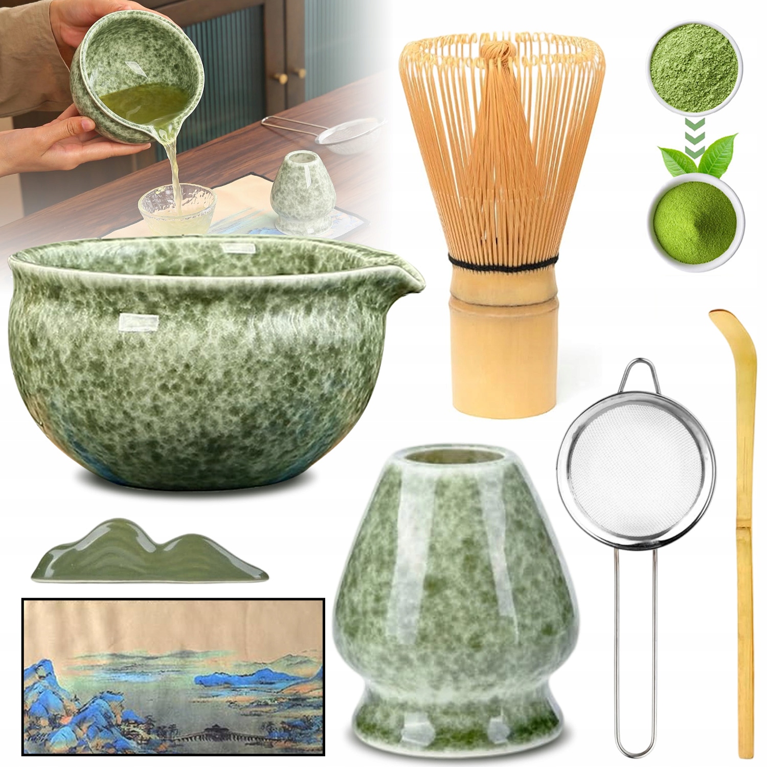 Matcha 7W1 Box 7-CZĘŚCIOWY Zestaw Do Matchy Miotełka Łyżeczka Podstawka