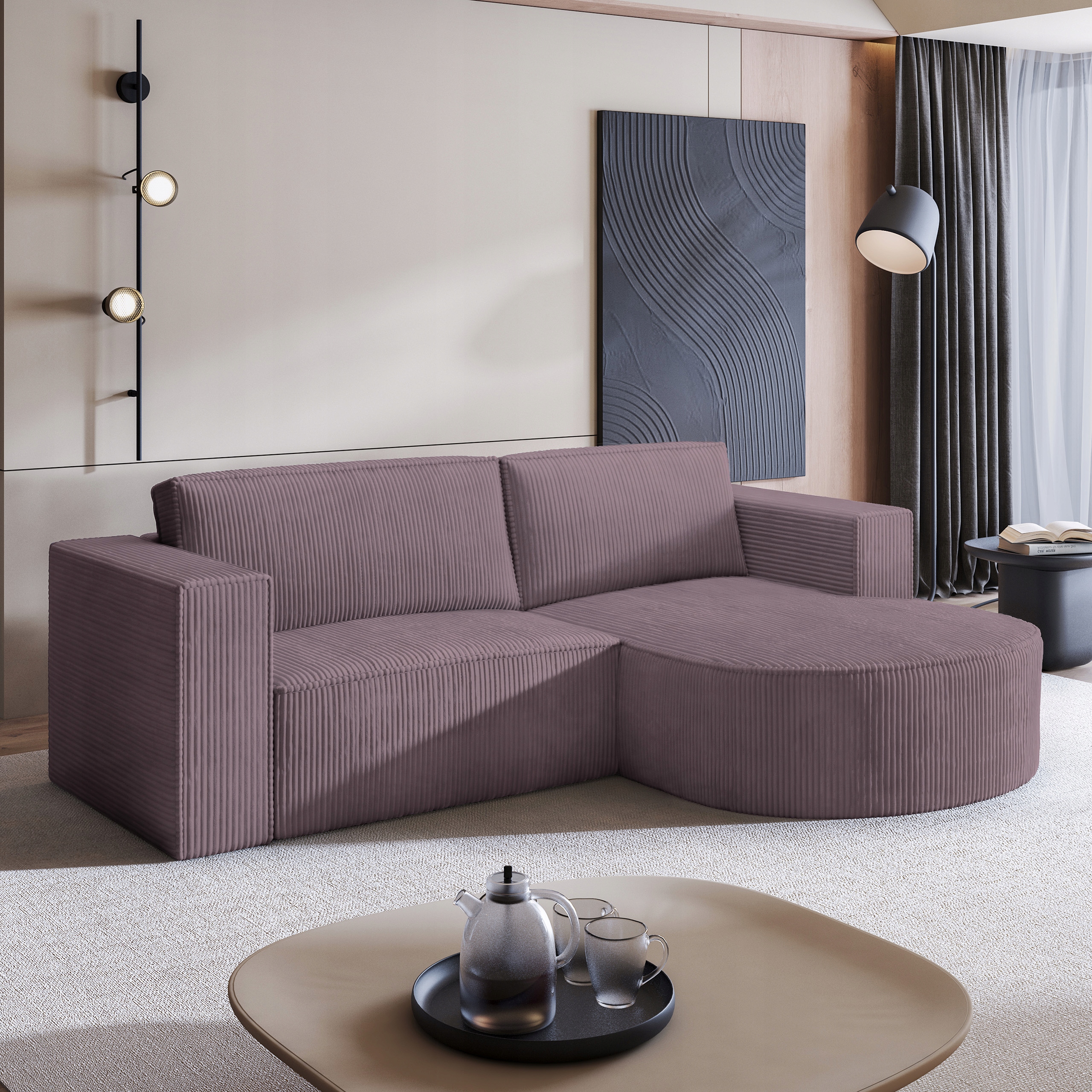 Rohová Sedací Souprava Funkce Spaní Moderní manšestr Vřes