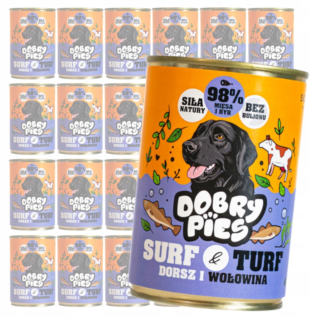 Dobry Pies Surf&Turf 24x400g Vlhké Krmivo pro dospělé psy Příčesek Hovězí maso