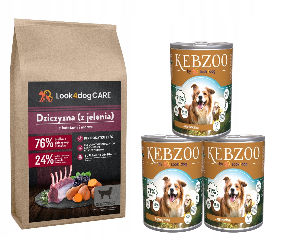 Levně Krmivo pro psa Look4dog Care Jelen 6 kg Kebzoo jehněčí 86% 3x400 g