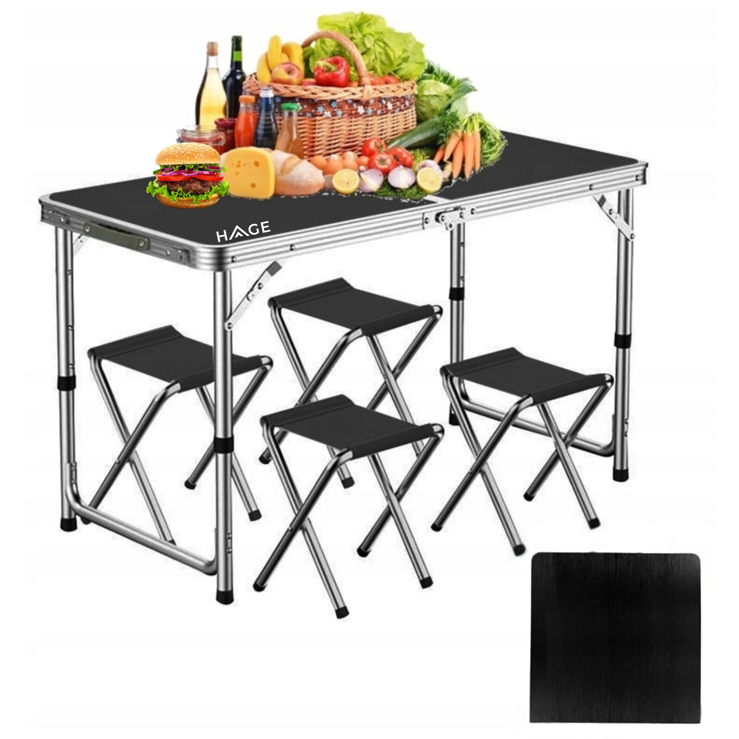 Stolik Stół Turystyczny Składany Kempingowy Zestaw Z 4 Krzesłami Czarny