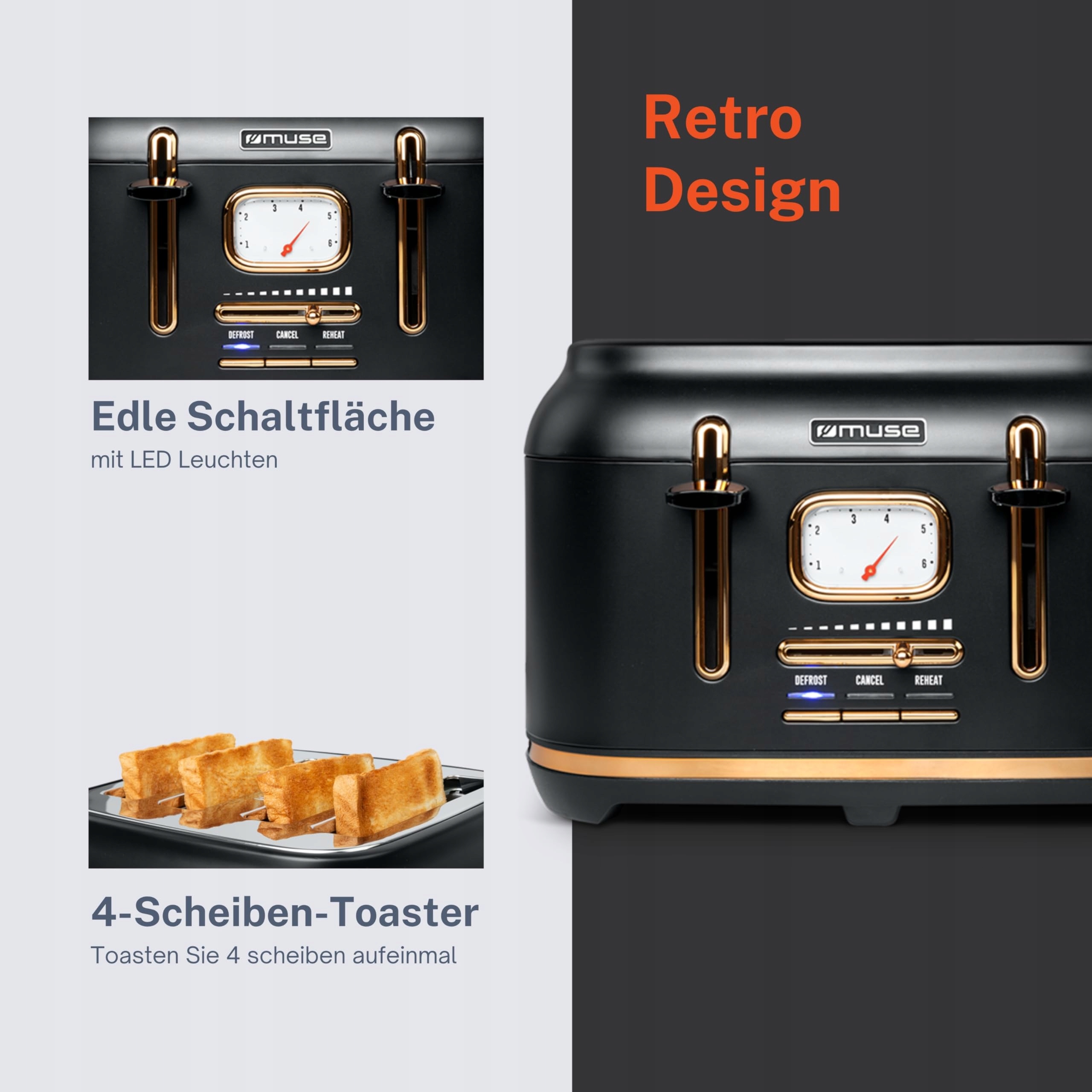 MUSE Toster Retro Czarny Stalowy 4 Kromki 6 Stopni Vintage Kratka — miniatura 5