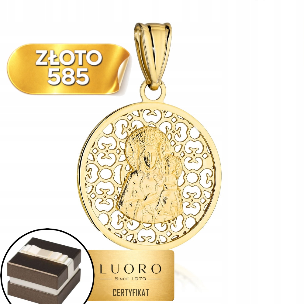 Zlatý Medailon 585 14K Panna Maria Čenstochovská Ažurové Kolo 2,7 CM