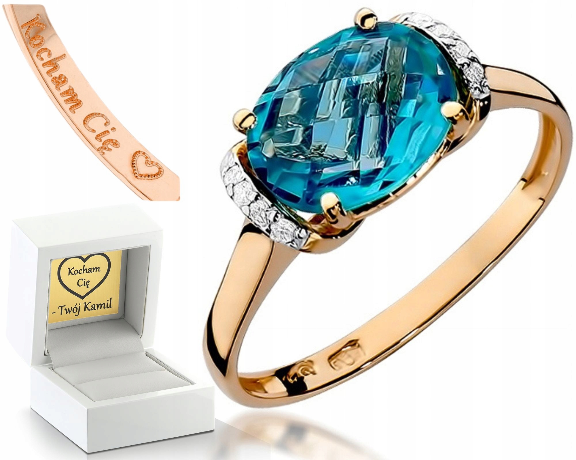 Prstýnek Topaz Brilianty Růžové Zlato Gravírování 585