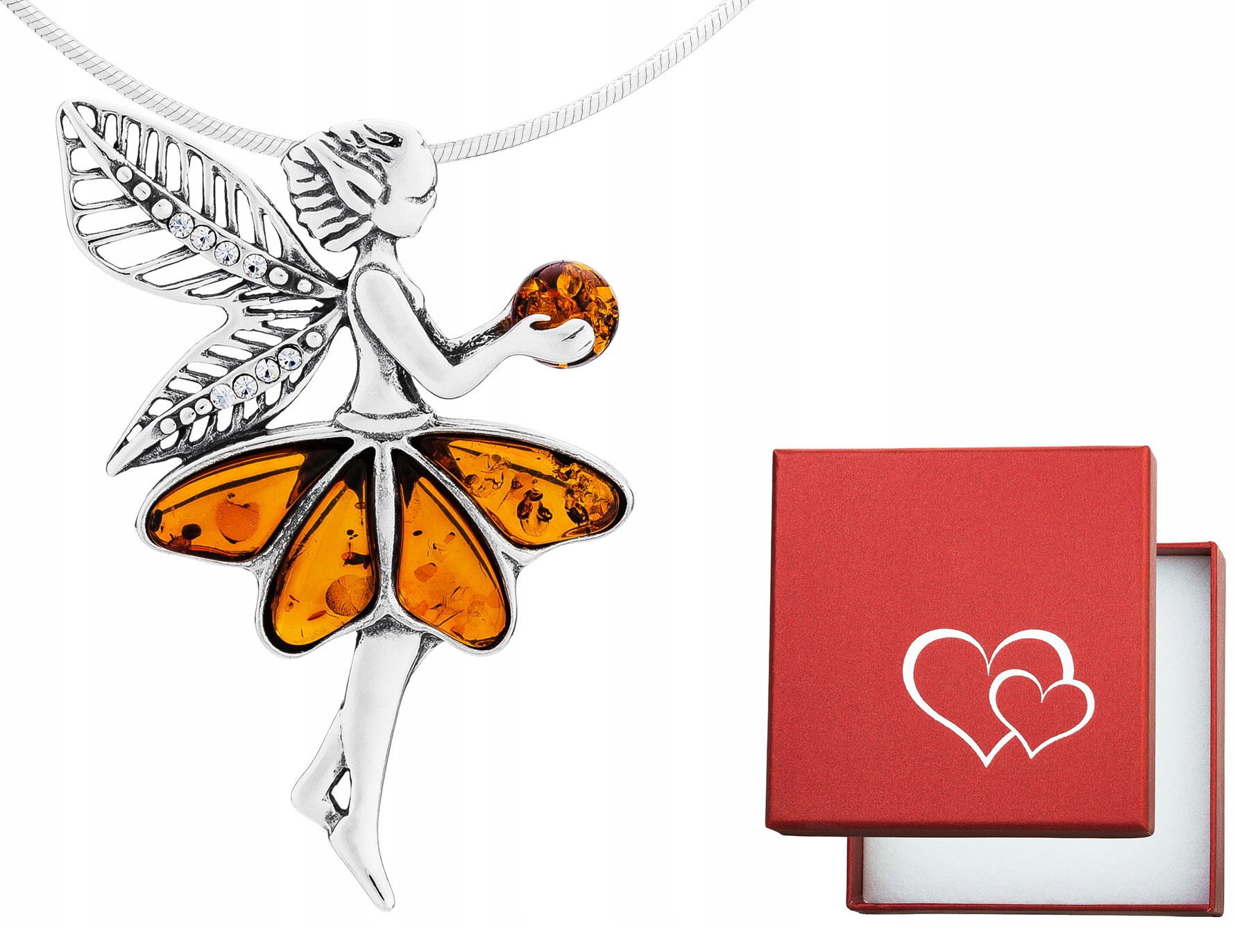 Krátký stříbrný velký náhrdelník Elf s jantarem a zirkony Víla Stříbro 42