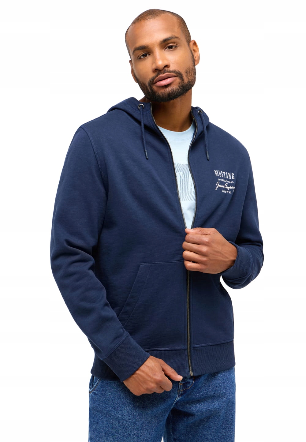 Dresová Pánská Mikina Tmavě Modrá Rozepínací S Kapucí S Výšivkou Bavlna Mustang XL