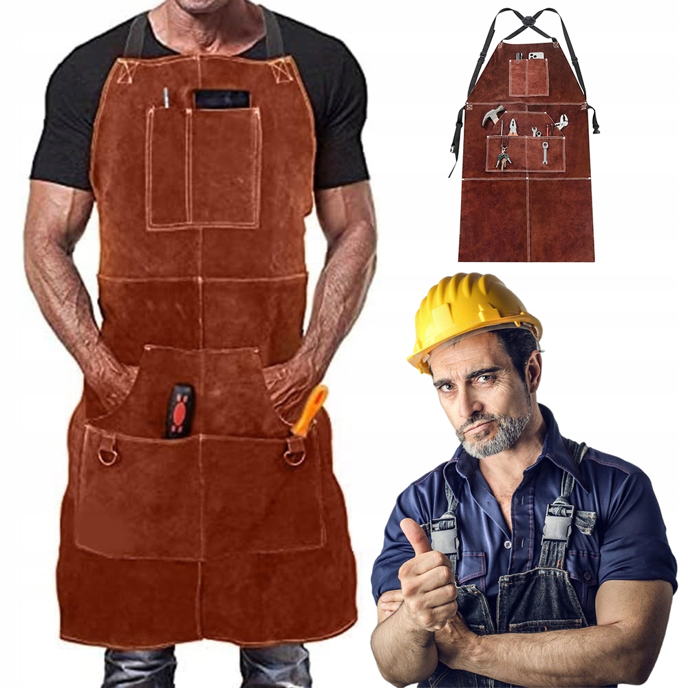Skórzany Fartuch Brązowy Regulowane Szelki 6 Kieszeni Stolarstwo