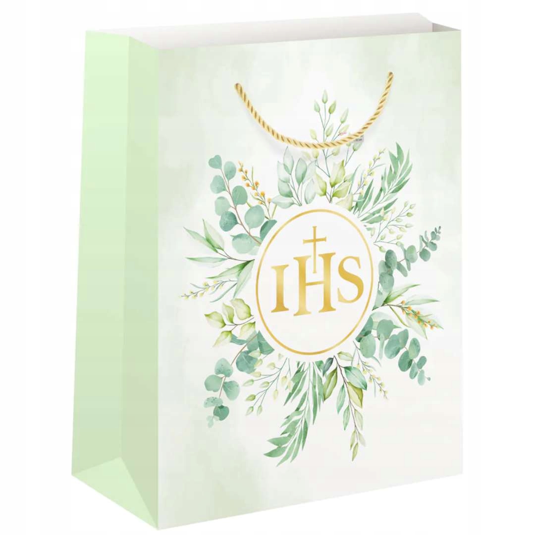 TOREBKA na prezenty IHS KOMUNIA ŚWIĘTA eukaliptus ZŁOCONA prezentowa L