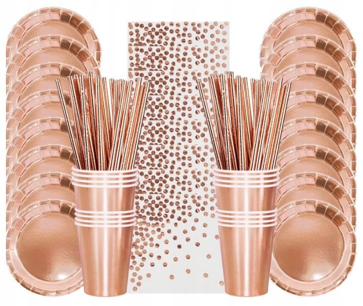 

Zestaw kubki talerzyki urodziny słomki rose gold