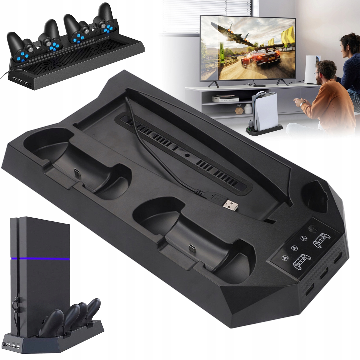 Uchwyt Do PS5 Z 3-BIEGOWĄ Ładowarką, Stojak Chłodzący Do Konsoli, Czarny