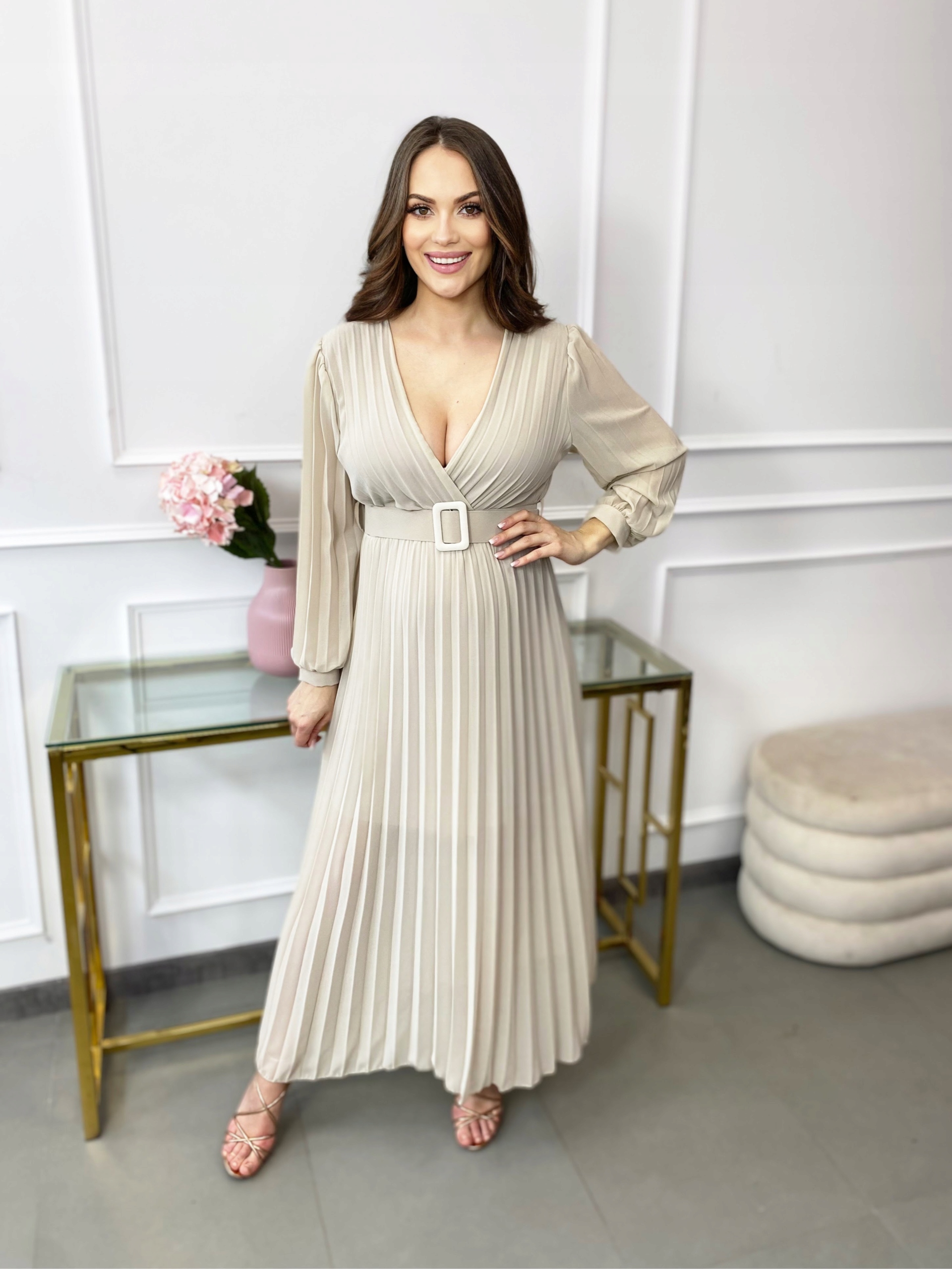 SUKIENKA MAXI PLISOWANA Z PASKIEM ASMA BEŻ Wzór dominujący inny wzór