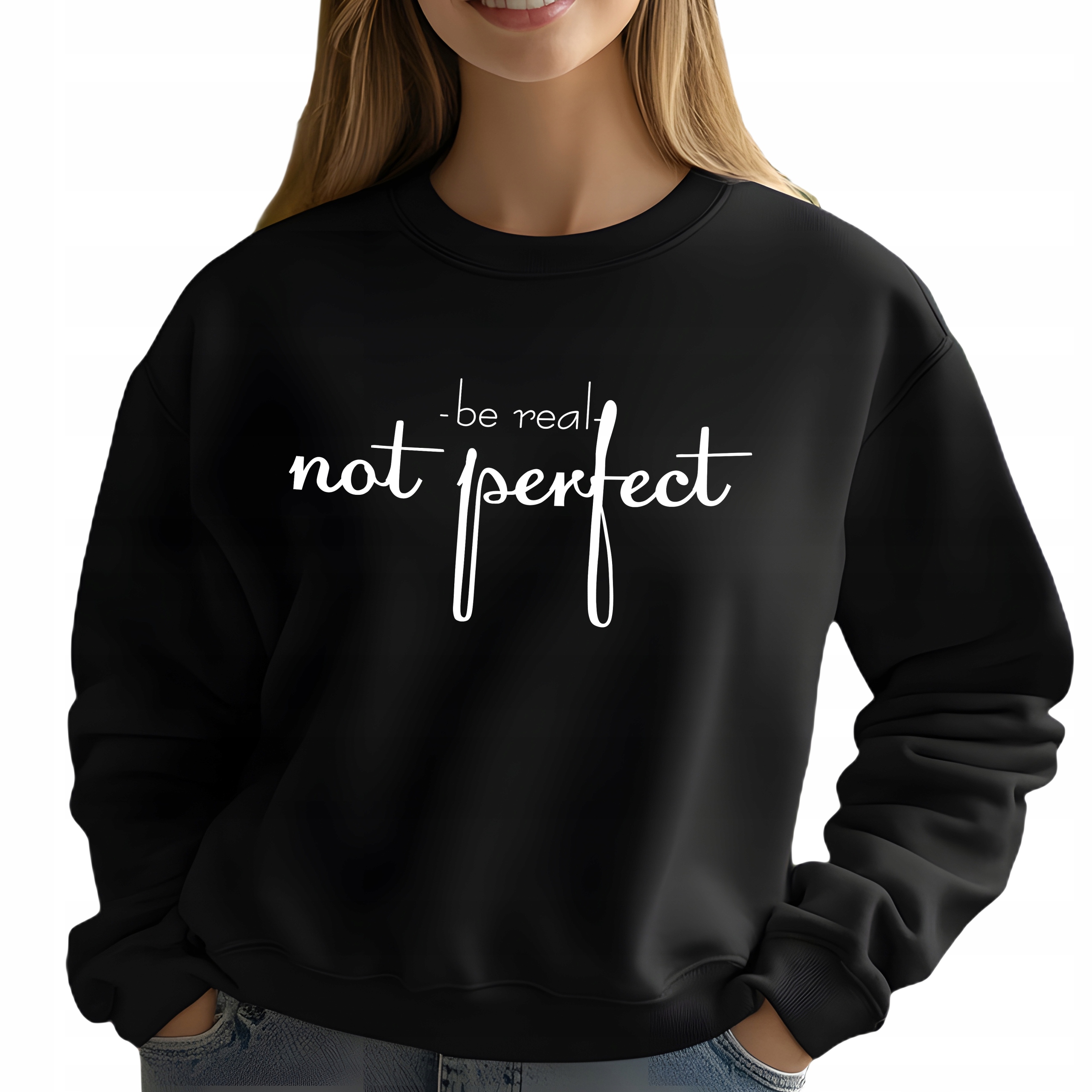 Mikina Černá Real Not Perfect jako Dárek Motivující citáty Velikost M