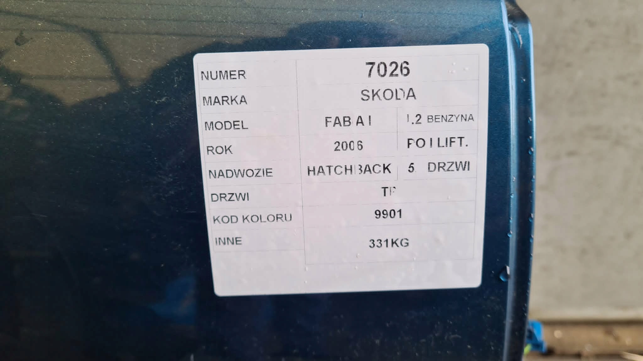 SKODA FABIA und Tür heck rechts LAK.9901