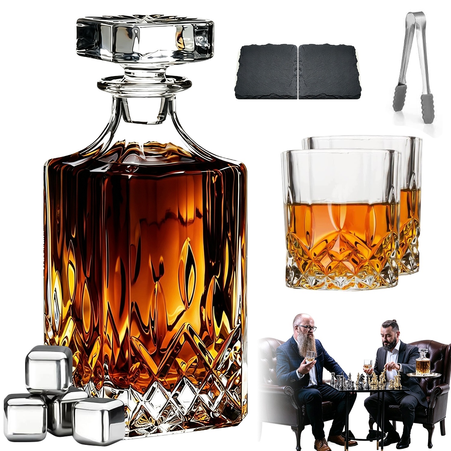 Sada Whisky Karafa 700ML Průhledná 4 Kostky Ocelové Kleště Dárek