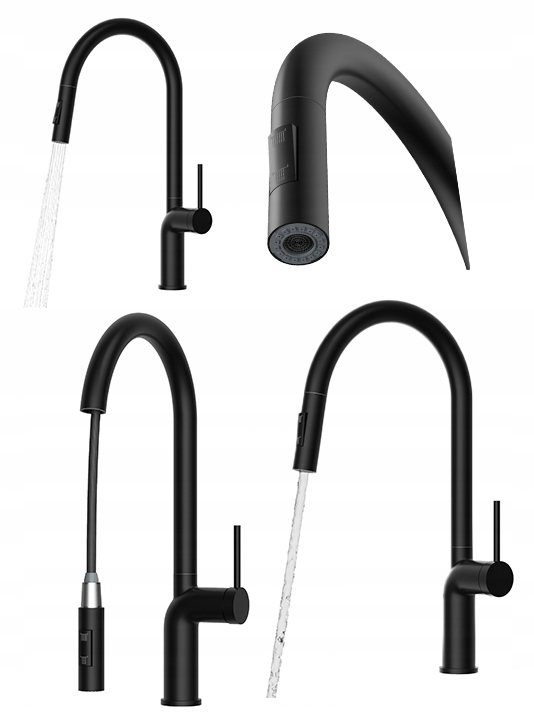 Čierna kuchynská batéria s výsuvným výtokom do umývadla, stojanový kohútik Oxi