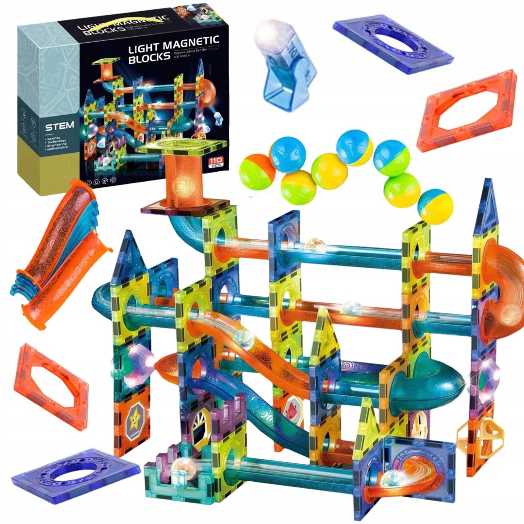 KLOCKI MAGNETYCZNE DUŻY ZESTAW 110 ELEMENTÓW EDUKACYJNE 3D TORY KULKOWE