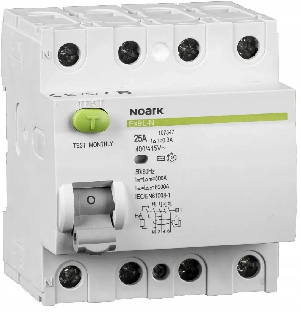 Diferenciální Proudový Spínač, 6 Ka, 25A, 30MA, 4P Typ Ac EX9L-N. Noark 108331