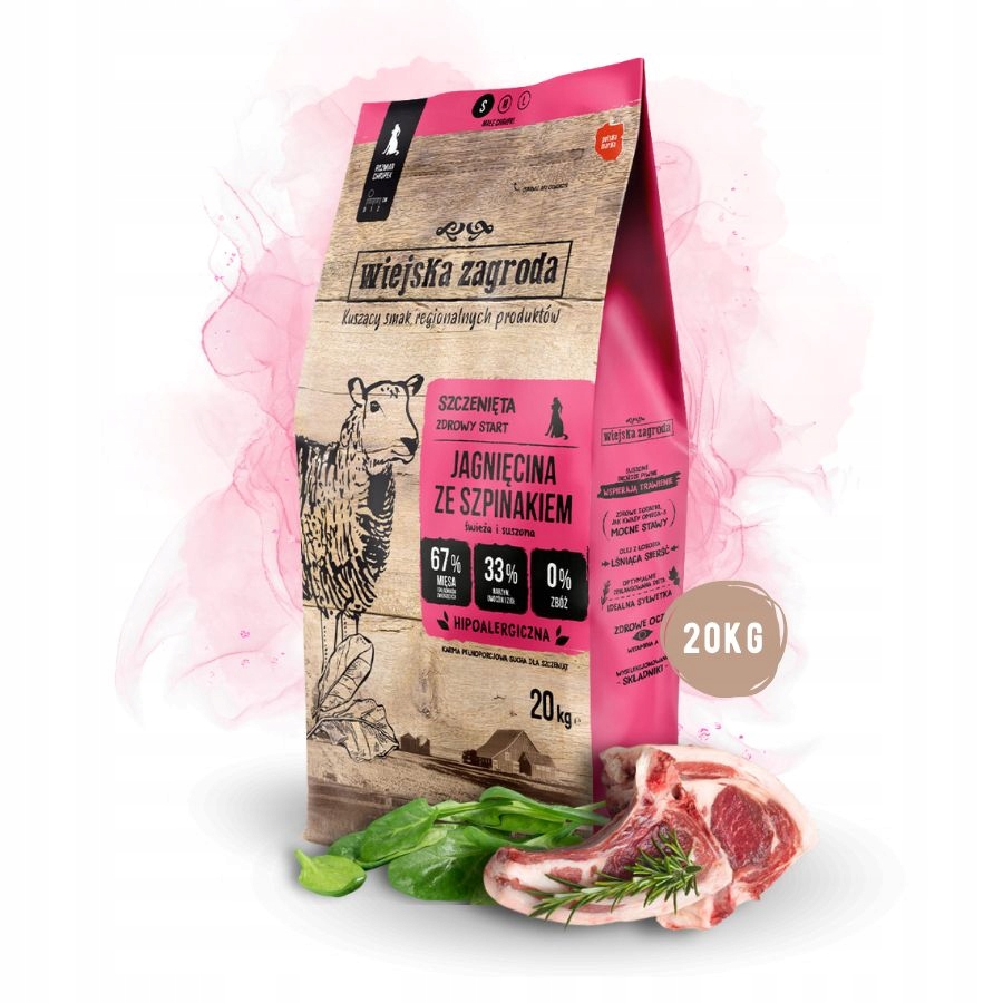 Wiejska Zagroda karma sucha dla szczeniąt Jagnięcina Szpinak Małe rasy 20kg