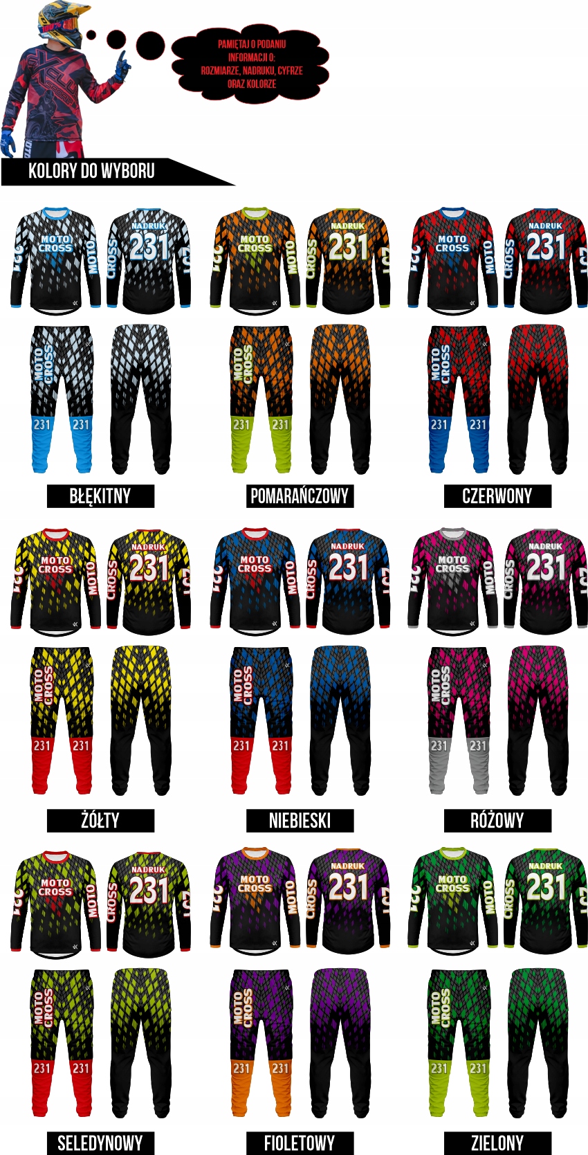 KOMPLET CROSS MOTO QUAD ENDURO MOTOCROSS NADRUK Producent inny