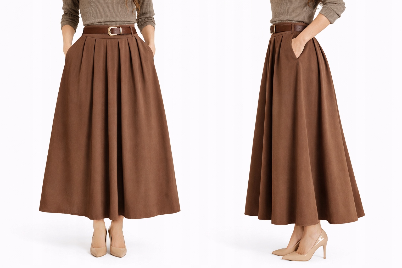 Czekoladowa rozkloszowana spódnica maxi – klasyka z nutą retro L