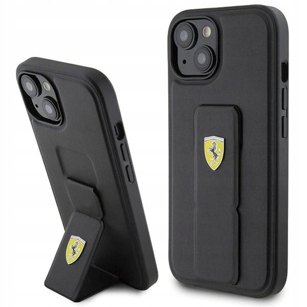Pouzdro Ferrari Grip Stand Metal Logo pro iPhone 15 černé