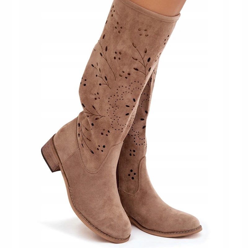 Dámské Kozačky S Perforovaným Podpatkem Kostka Na Zip Eko Semiš Béžová 38